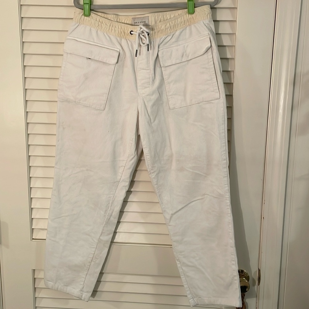 Sun + Stone Unisex White Corduroy Pale Yellow Drawstring with Snap Front Pockets